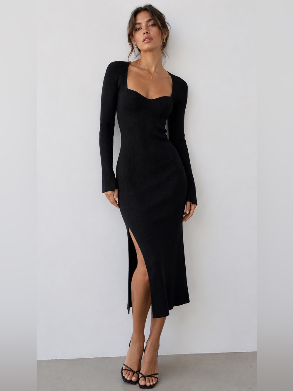 Petal & Pup Black Long Sleeve‎ Ribbed Midi Dress with Side Slit